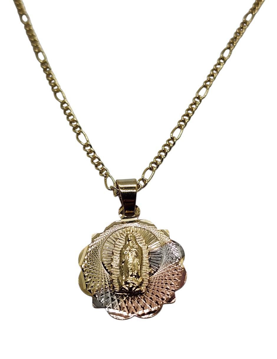 Medalla y cadena Virgen de Guadalupe circular de oro laminado 14 K Medalla y cadena Virgen de Guadalupe circular de oro laminado 14 K