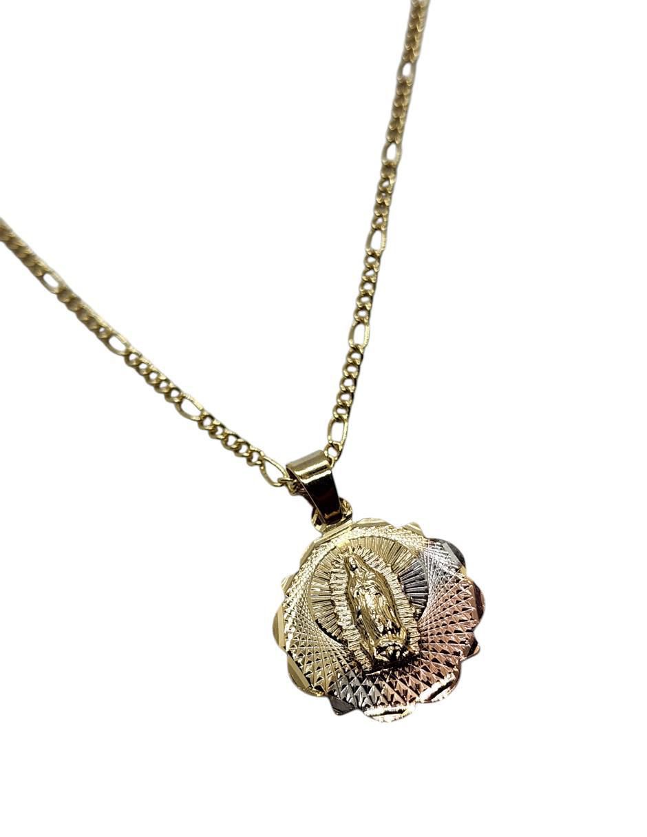 Medalla y cadena Virgen de Guadalupe circular de oro laminado 14 K 3