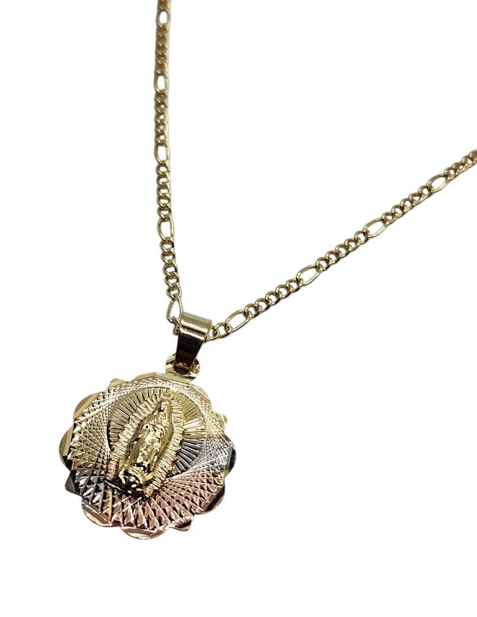 Medalla y cadena Virgen de Guadalupe circular de oro laminado 14 K 4