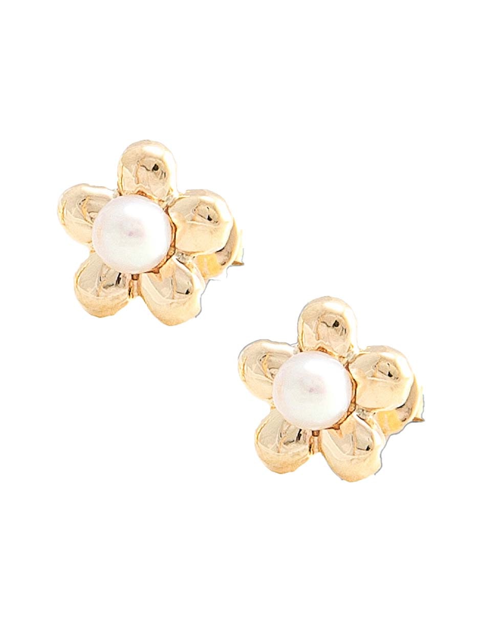 Broqueles de flor de oro amarillo 14 K con acabado pulido perla 1
