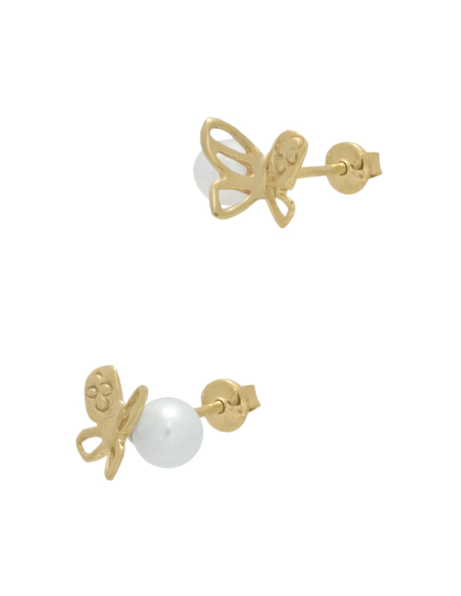 Broqueles de mariposa de oro amarillo 14 K con acabado pulido perla 2