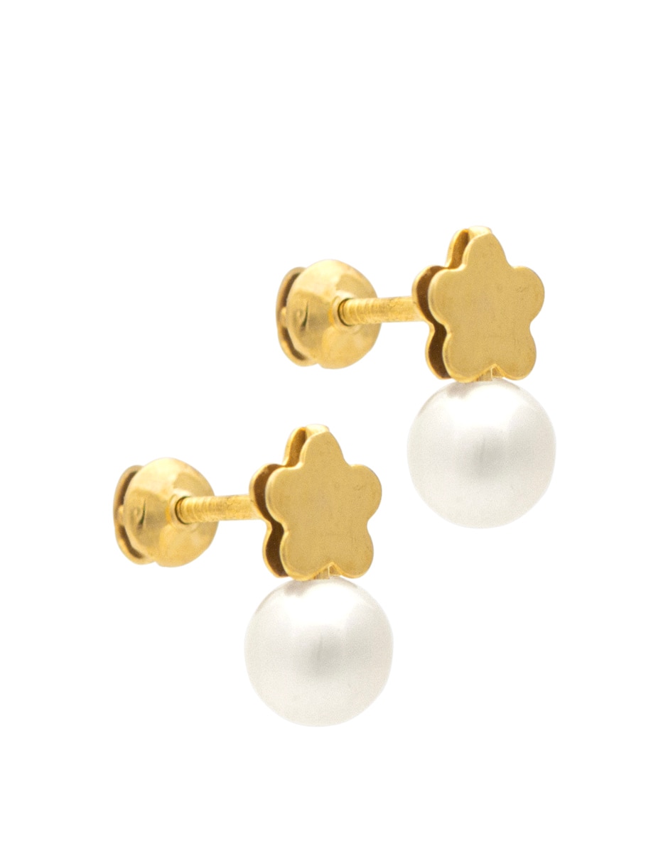 Broqueles de flor de oro amarillo 14 K con acabado pulido perla 2
