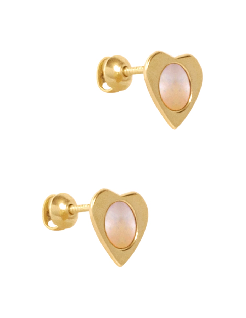 Broqueles de corazón de oro amarillo 14 K con acabado pulido madre perla 2