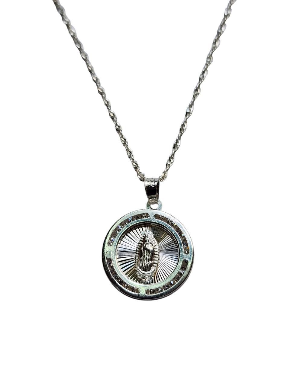Medalla y cadena Virgen de Guadalupe circular Bautizo de plata P 925