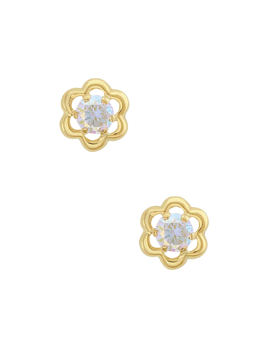 Broqueles de flor de oro amarillo 14k con acabado pulido zirconia