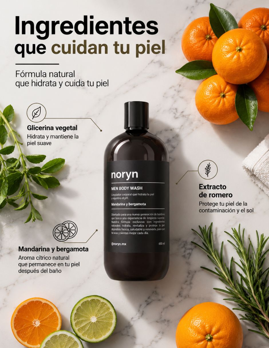 Jabón corporal - Men Body Wash Corporal Mandarina y Bergamota 480 ml Noryn 3