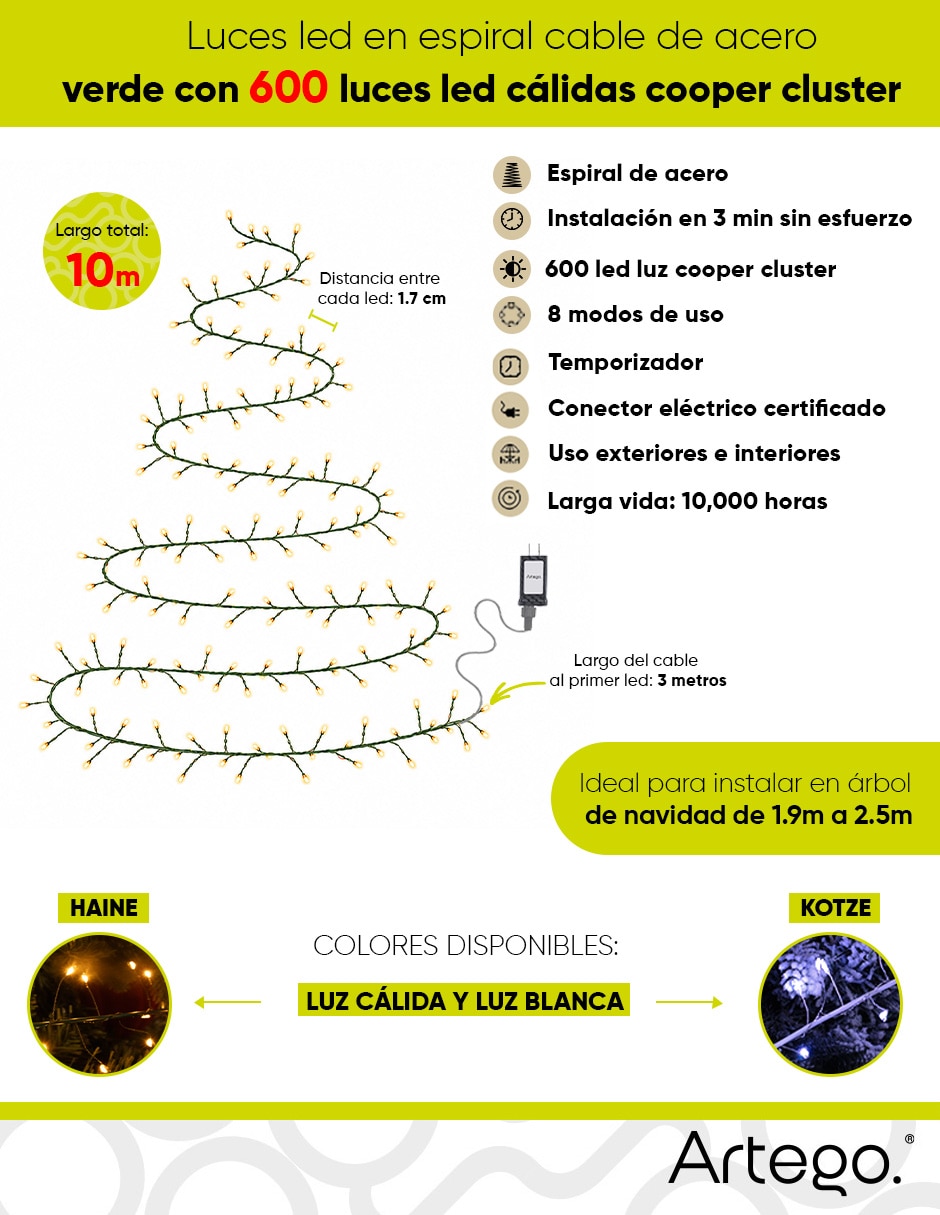 Serie luces de led Navidad Haine Luz Cálida Cable De Acero Verde con 600 focos 5