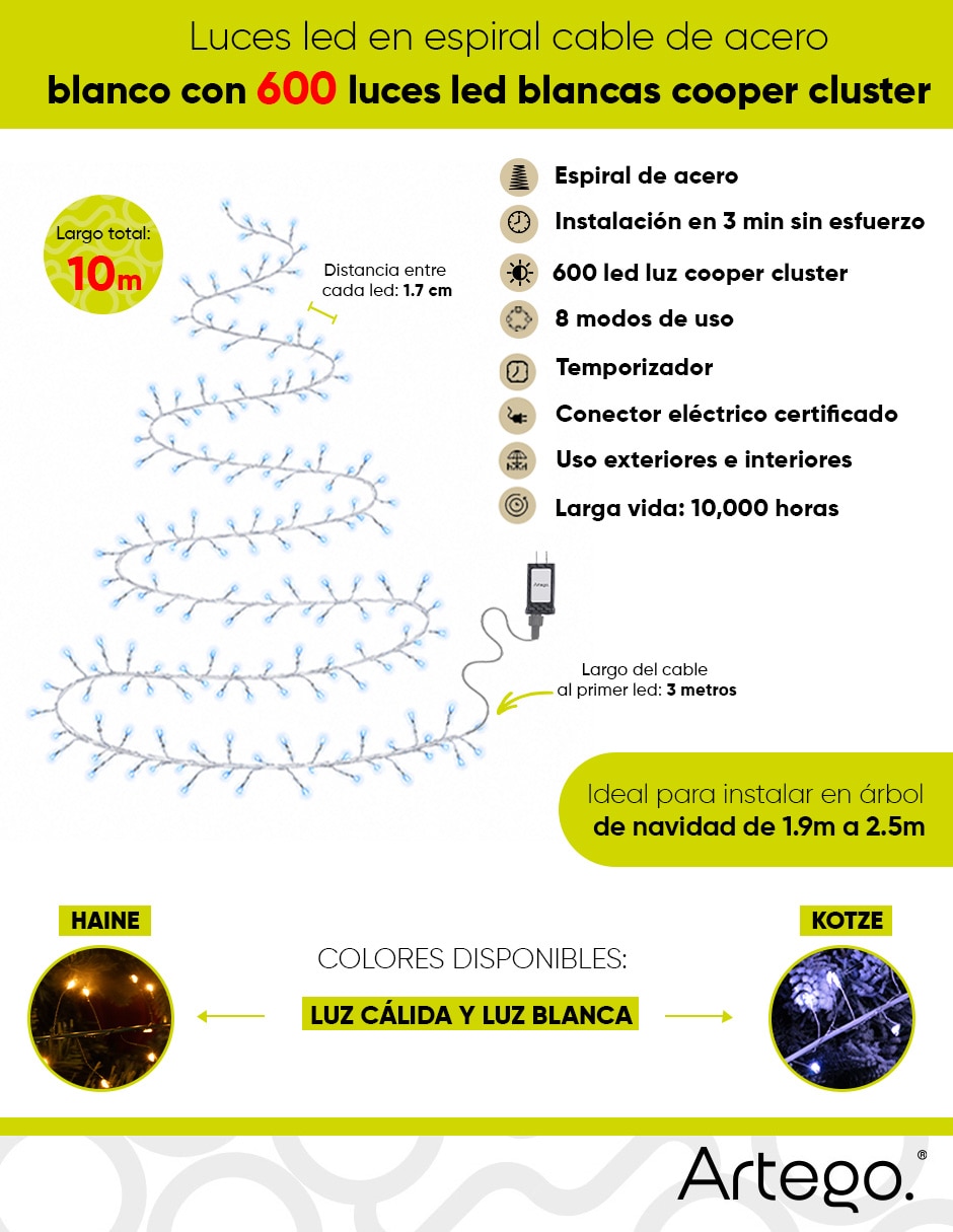 Serie luces de led Navidad Kotze Luz Blanca Cable De Acero Blanco con 600 focos 5