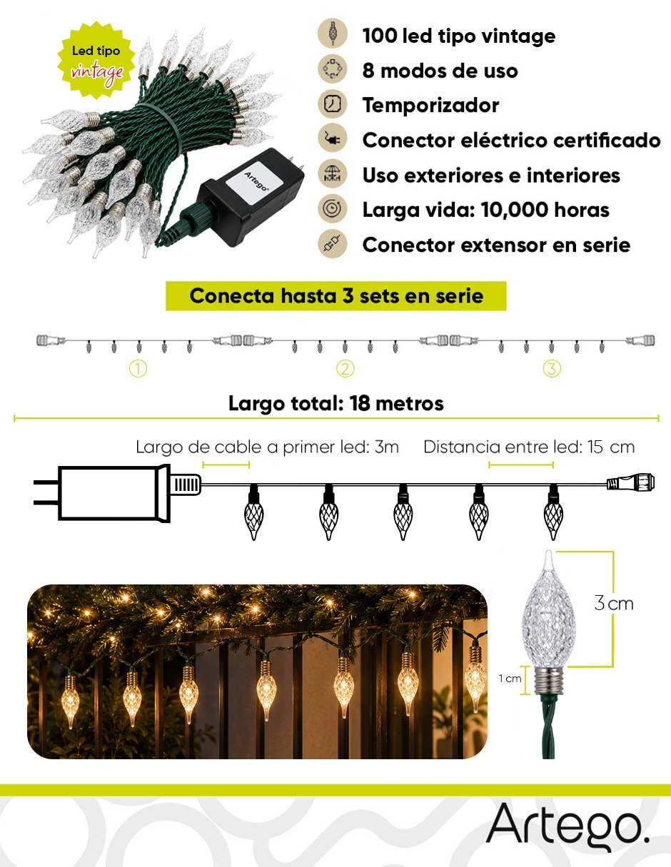 Serie luces led navidad vintage style kodiak con 100 focos 7